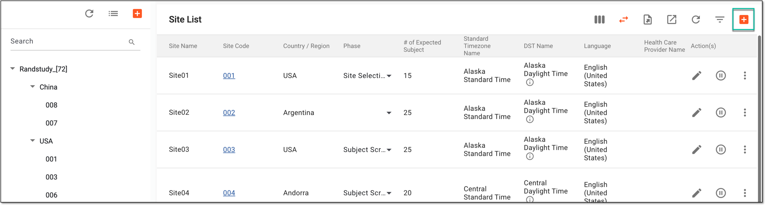 Accessing option to add site to study