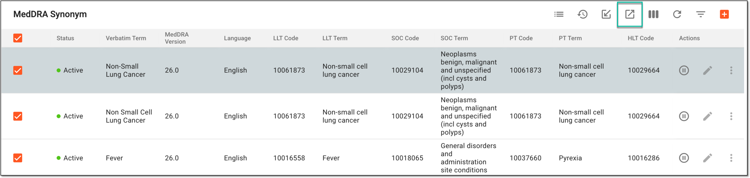 Selecting MedDRA synonyms for export
