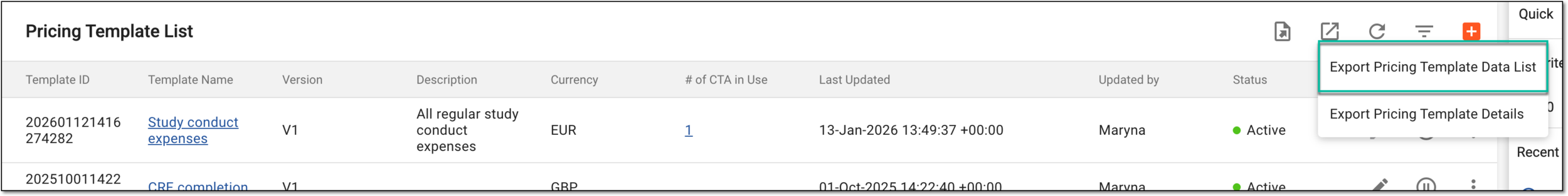 Selecting option to export pricing template list
