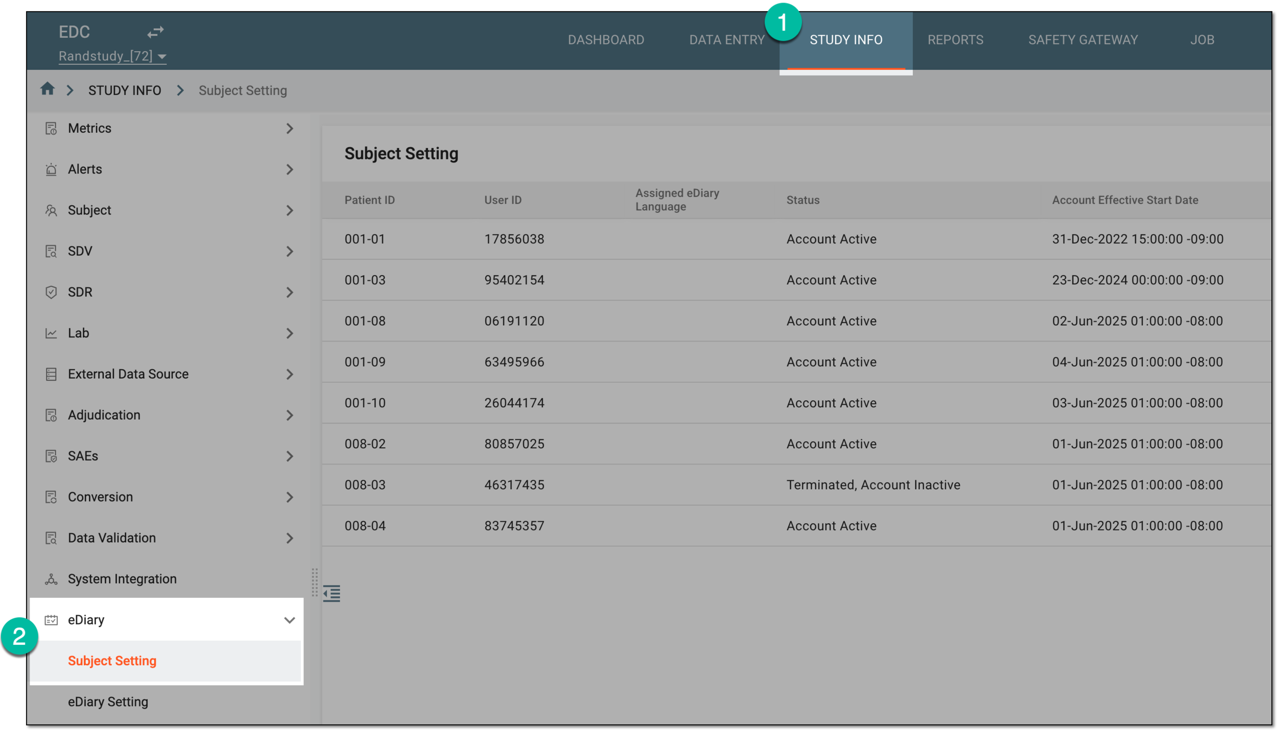 Accessing eDiary subject setting