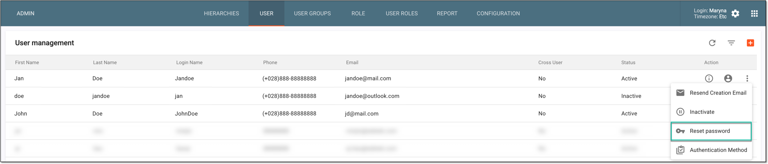 Selecting option to reset password for user