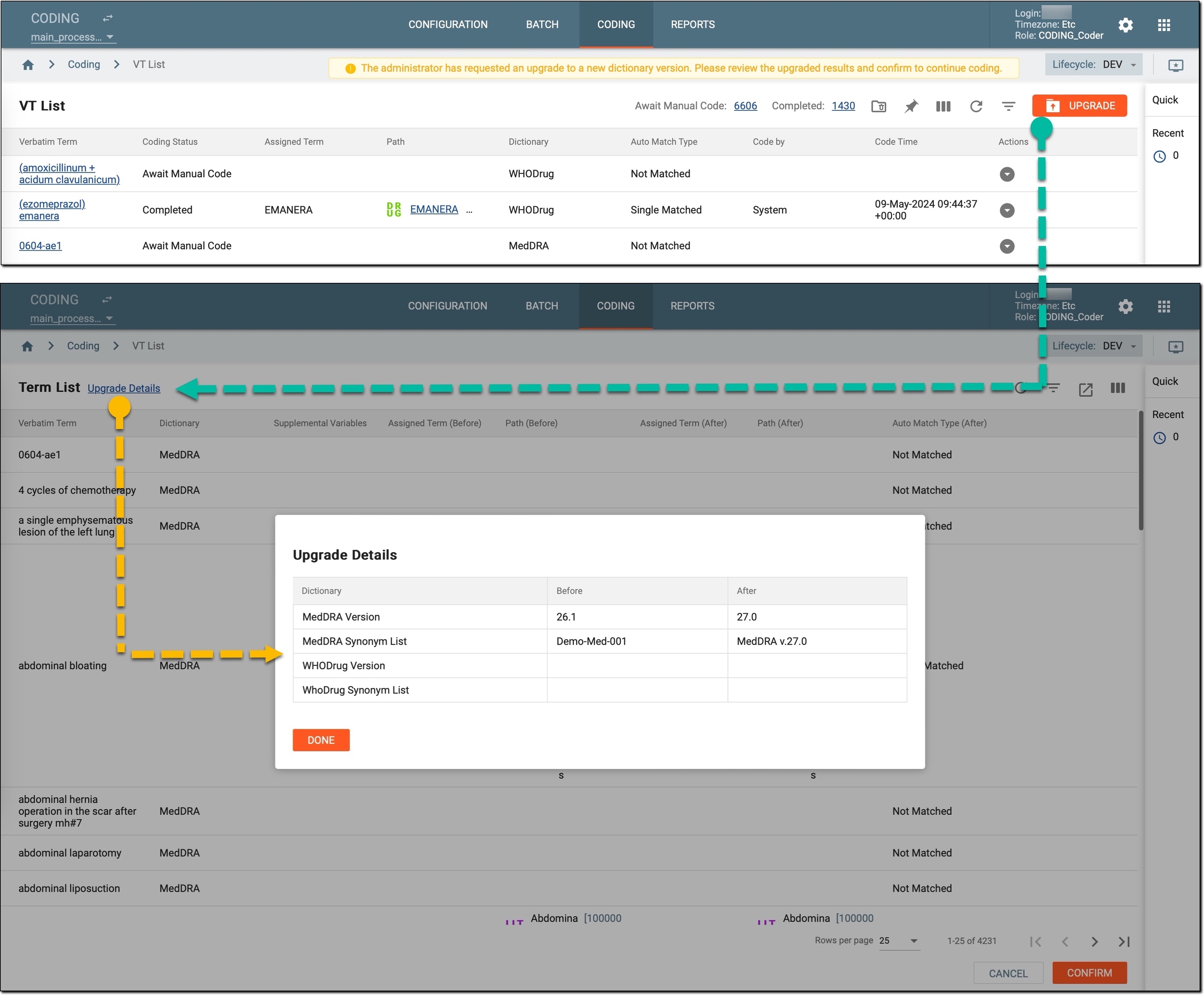 Medical Coding module. Coder viewing upgrading results