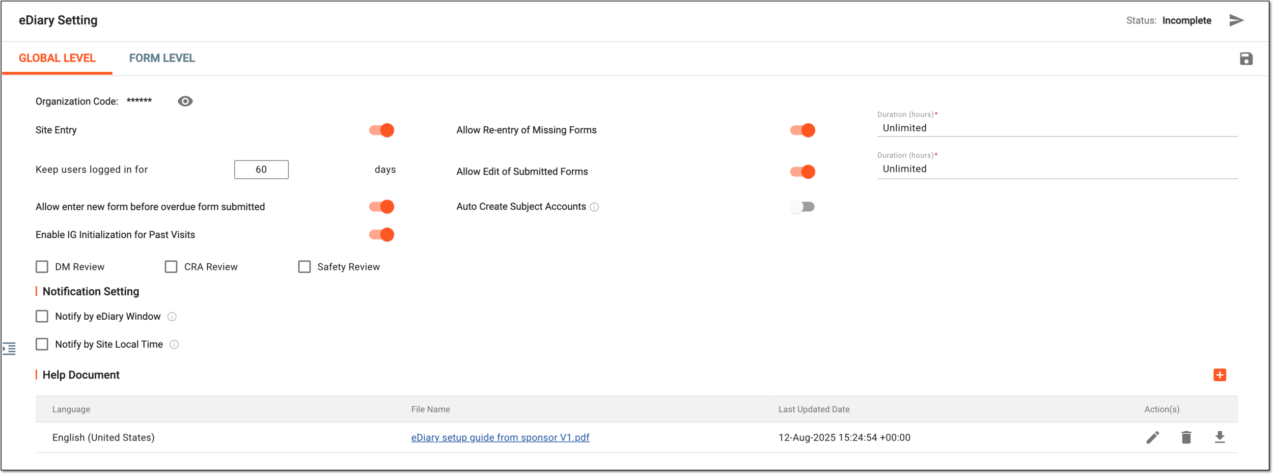 Configuring eDiary settings at global level