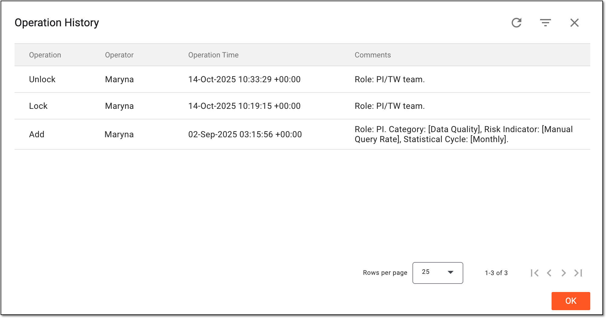 Viewing operation history of KRI-driven assessment