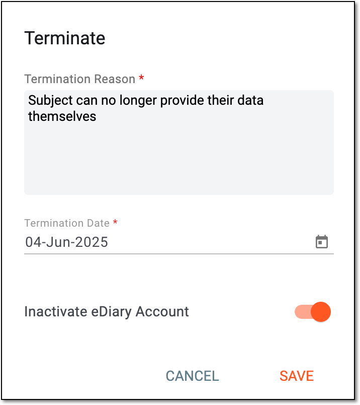 Terminating eDiary account for subject