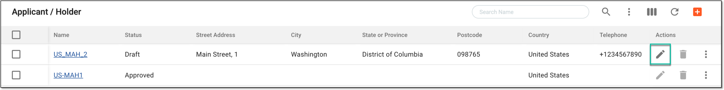 Selecting option to edit marketing authorization holder or applicant