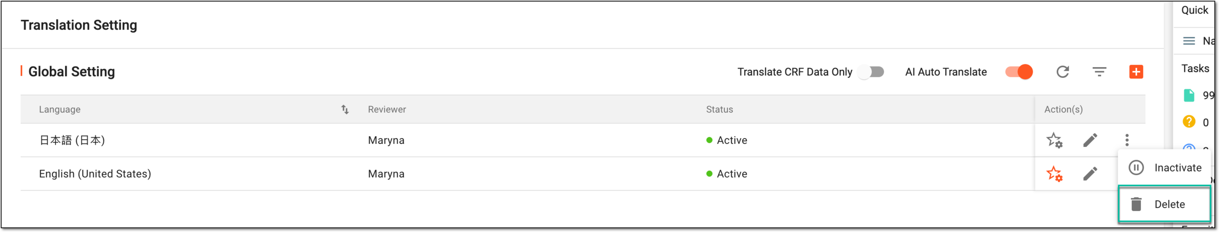 Selecting option to delete translation language
