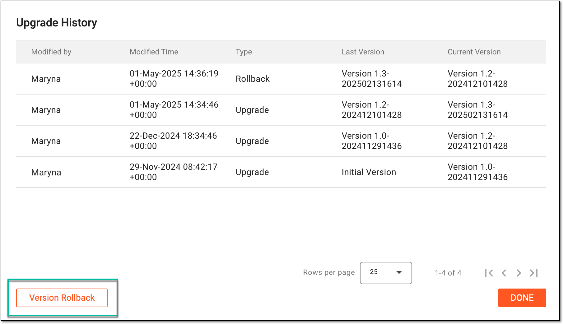 Selecting option to roll back version