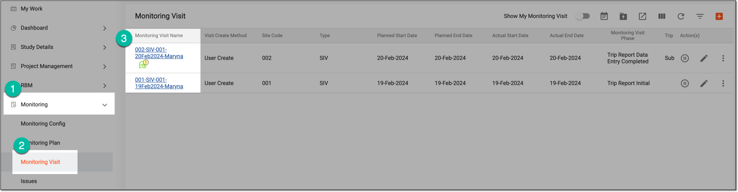 Accessing monitoring visit from list