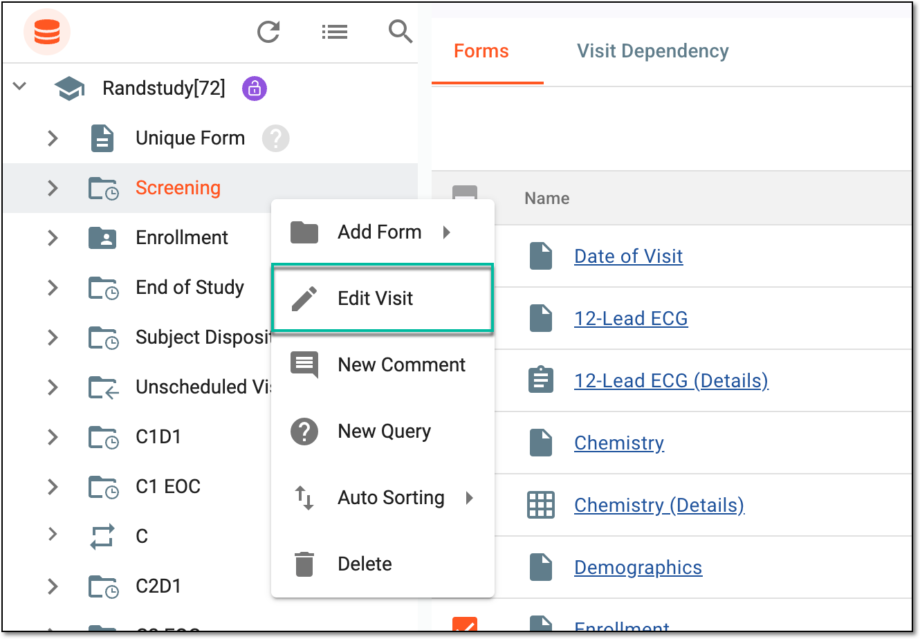 Selection option to edit visit