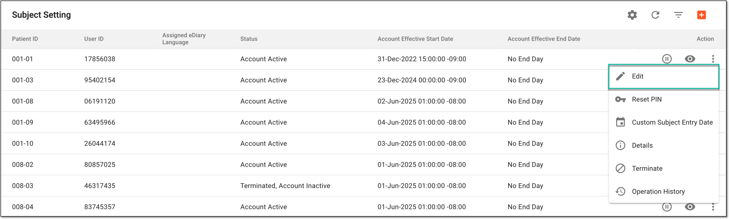Selecting option to edit eDiary account details