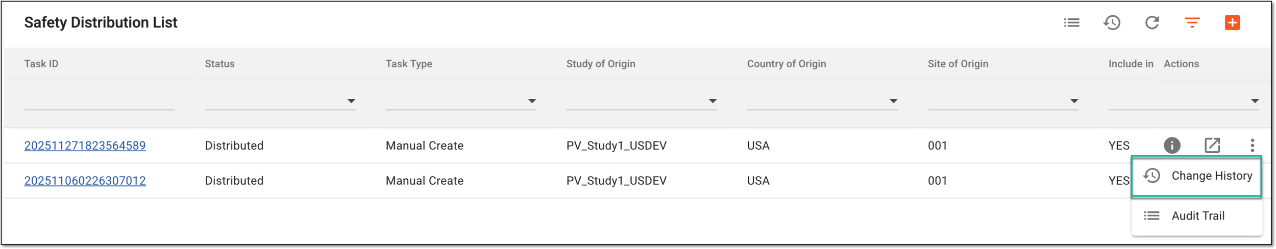Accessing change history for safety distribution task