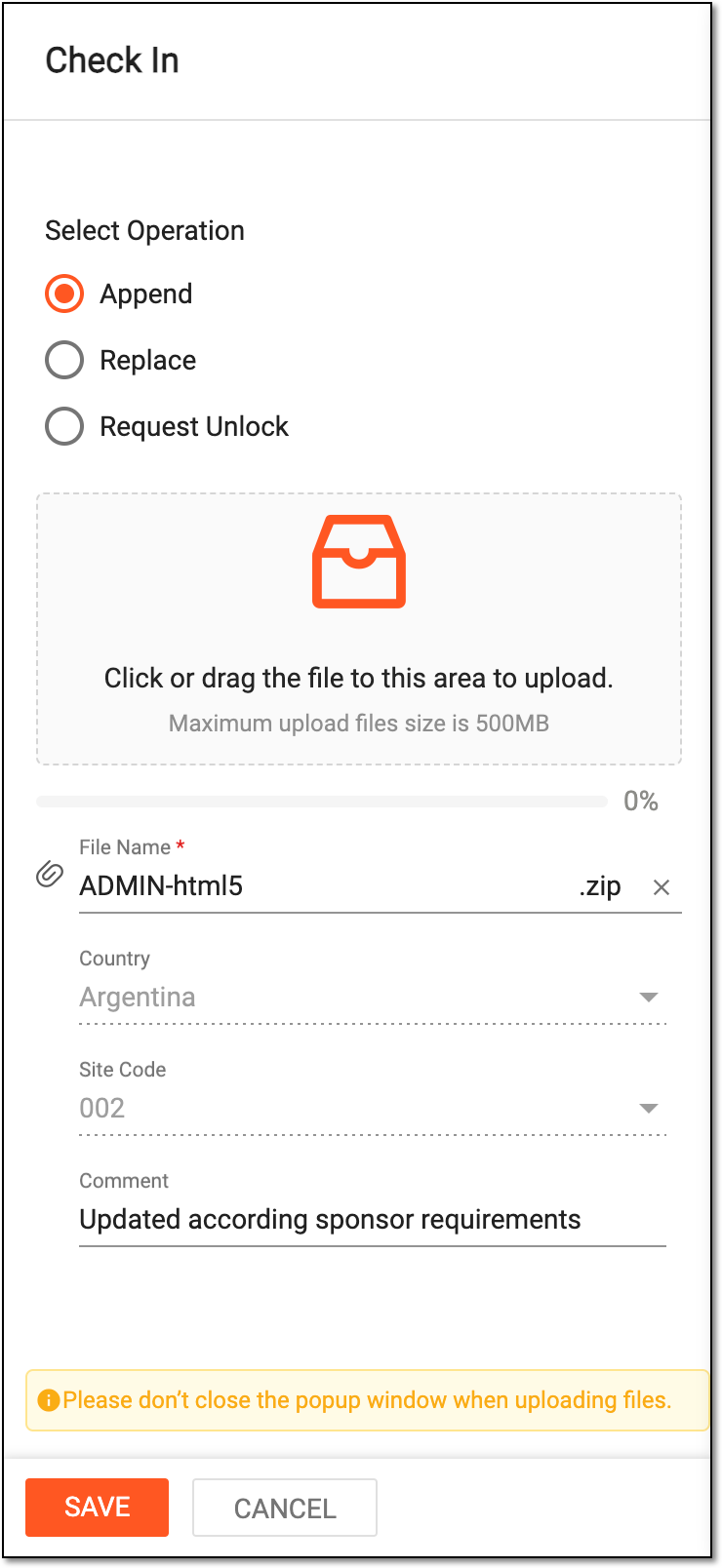 Uploading file to check it in