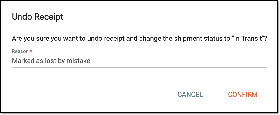 Confirming to undo previous action with shipment