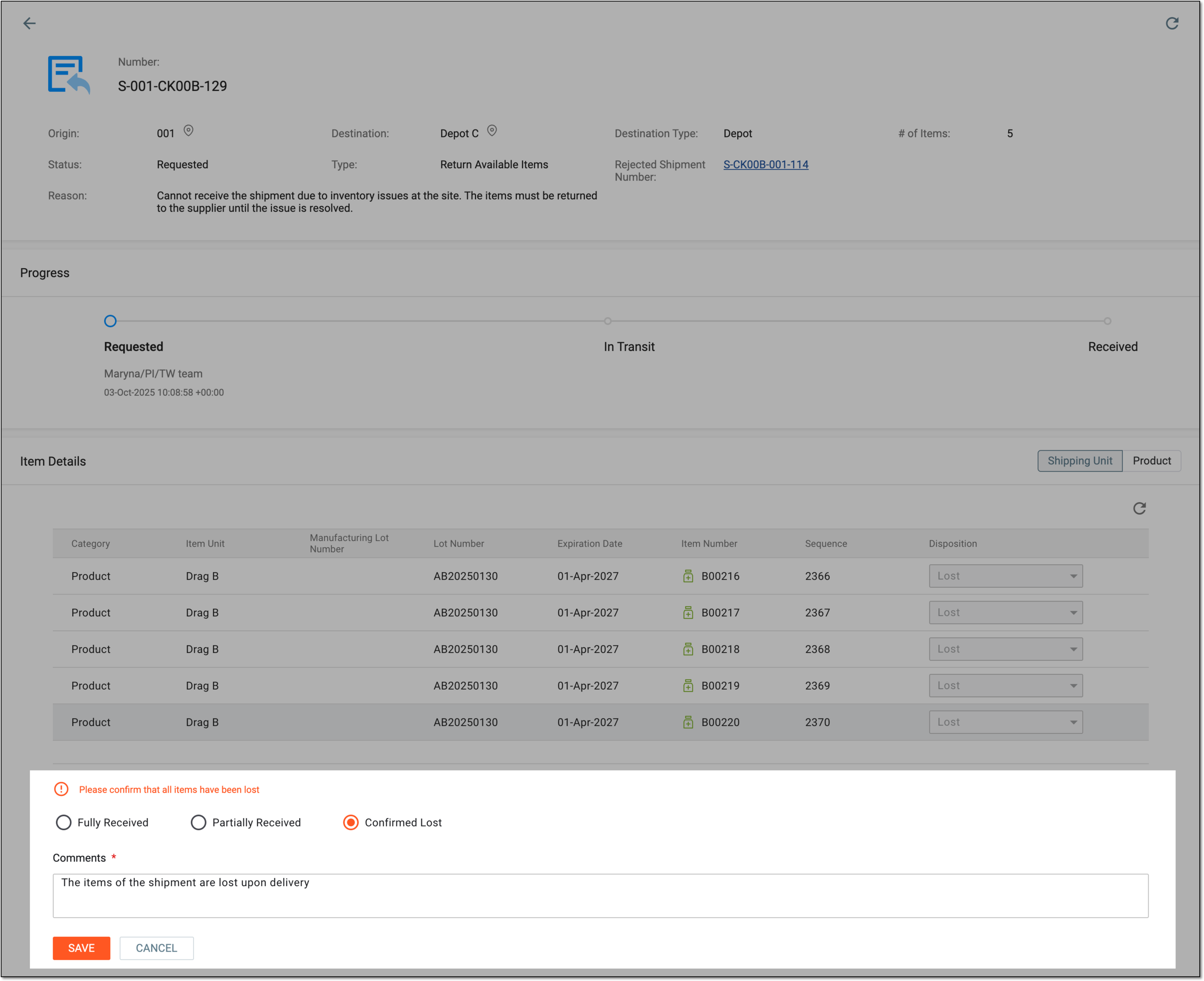 Confirming shipment is lost