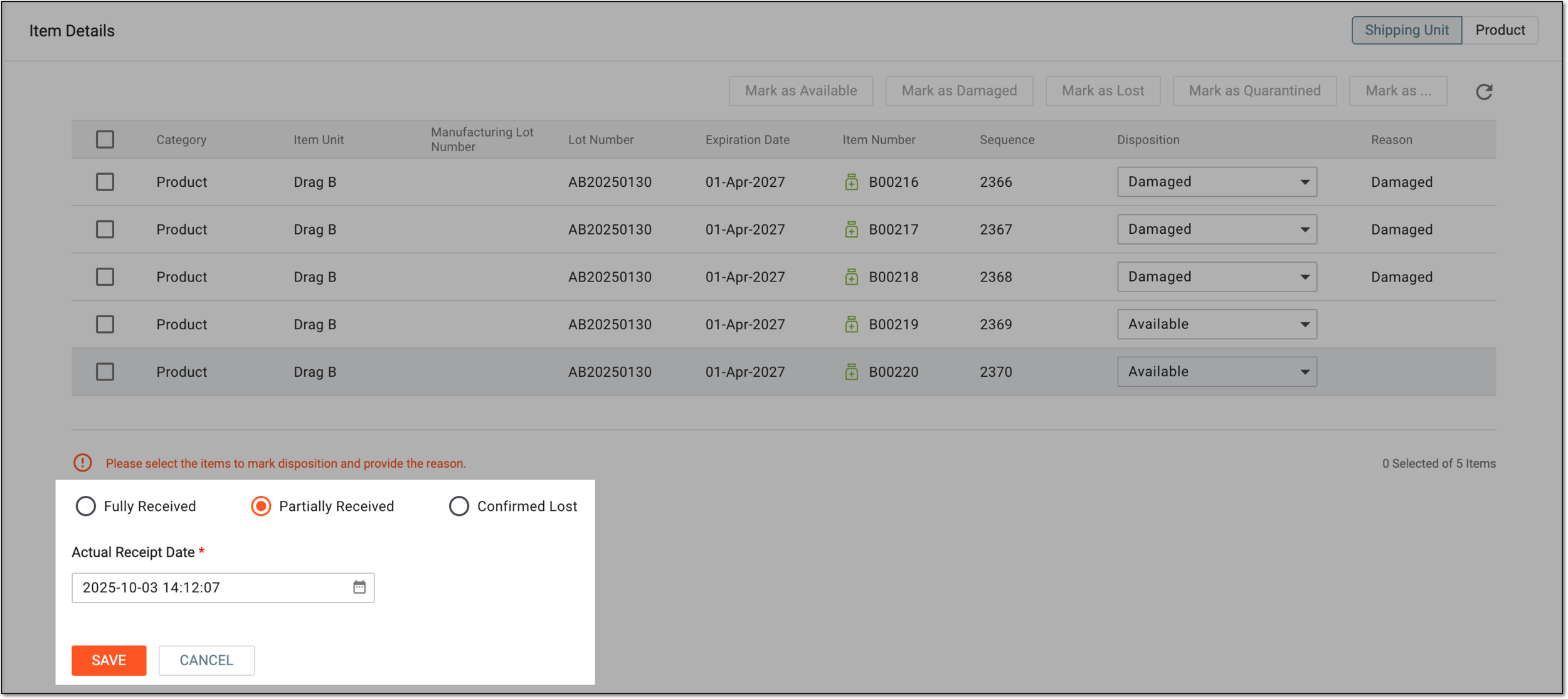 Finalizing partial return shipment receipt