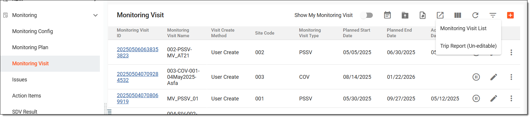 Exporting required monitoring visit report