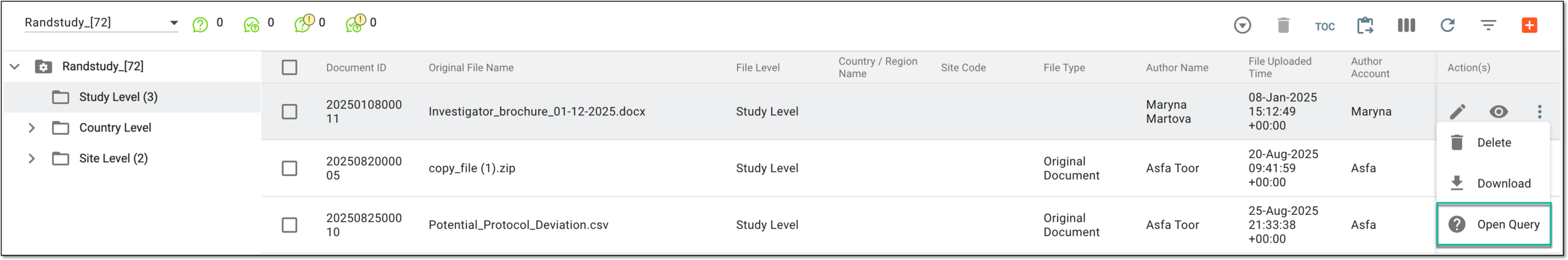 Selecting option to open query