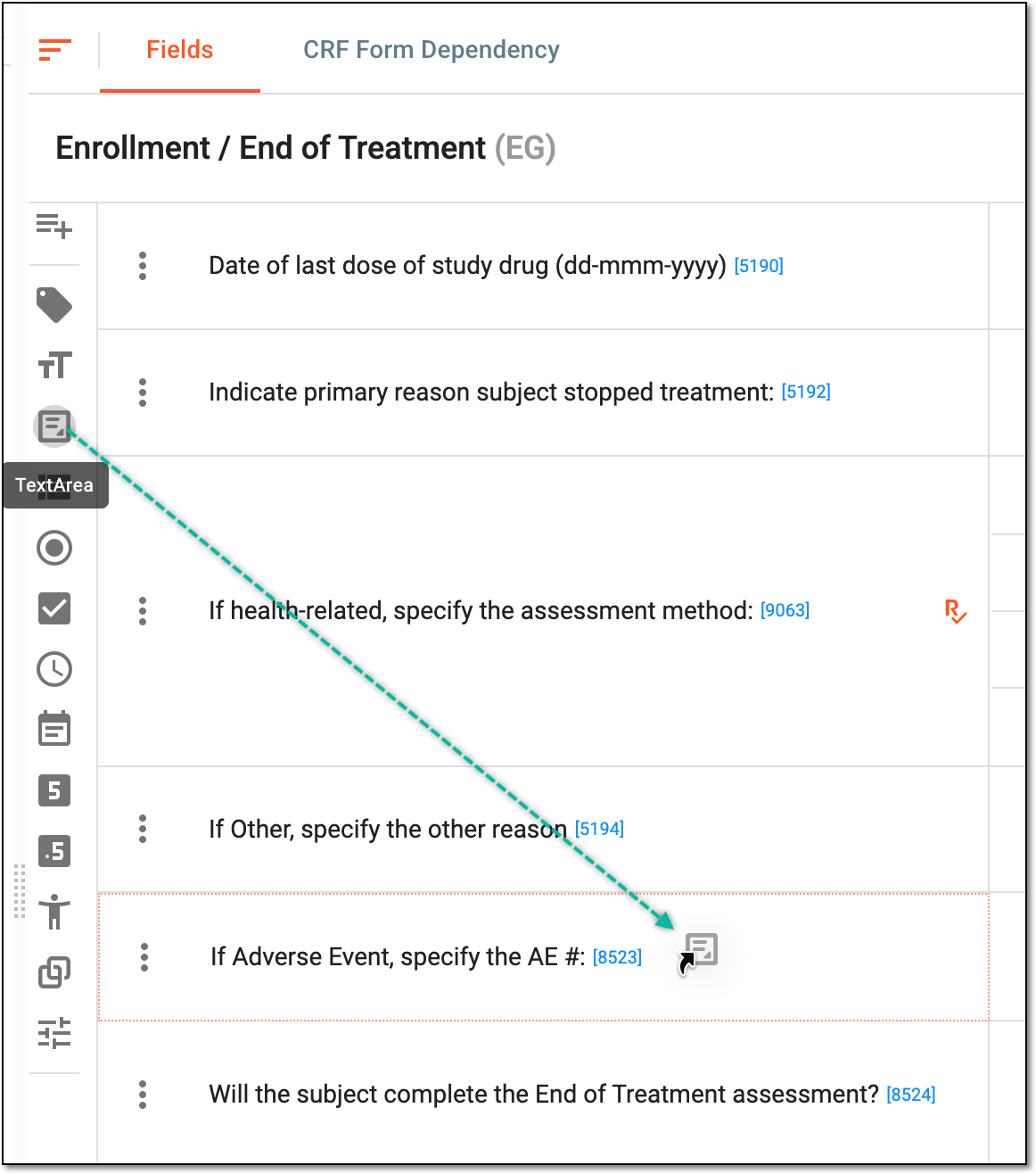 Dragging text area item to question
