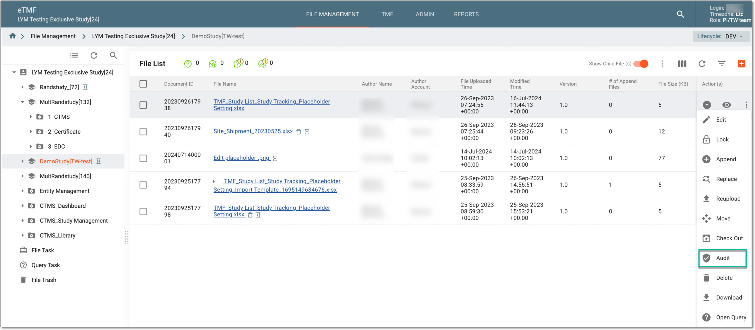 Selecting to audit file