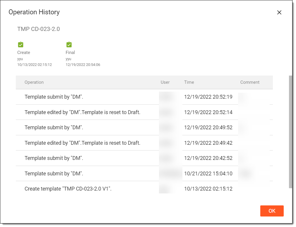 Viewing operation history of monitor template