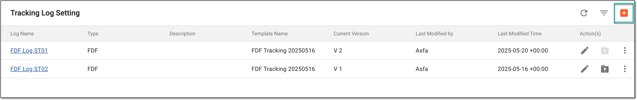 Selecting option to add tracking log setting