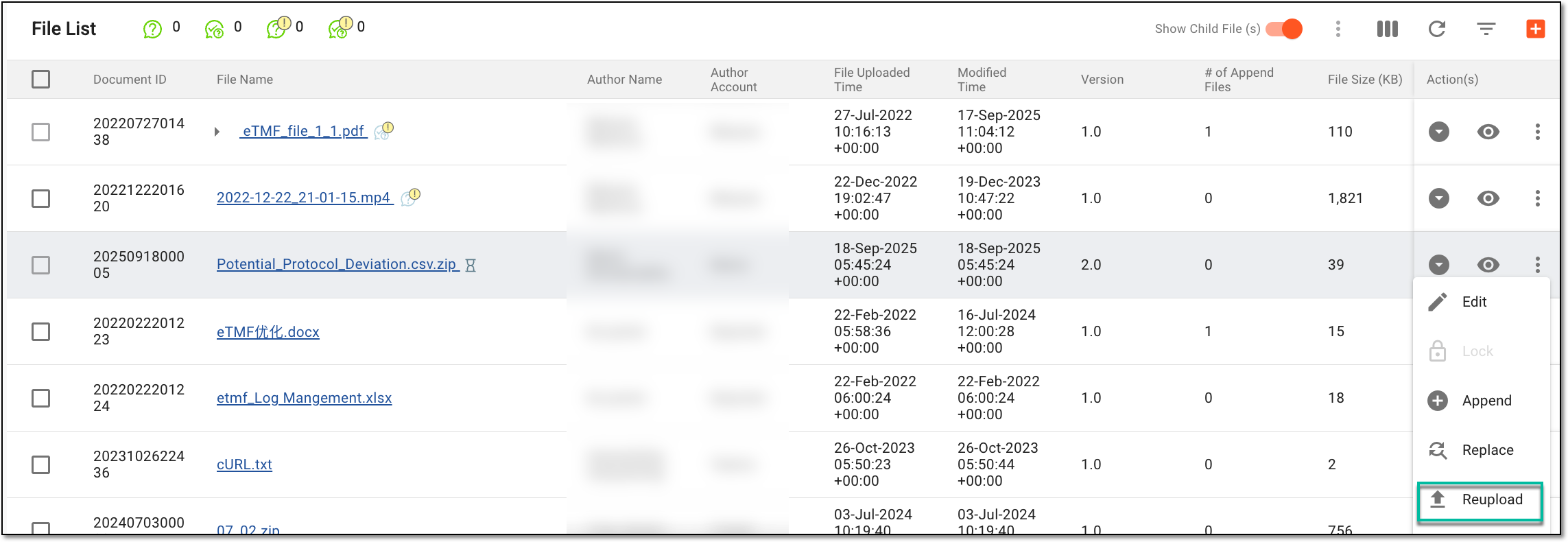 Accessing option to reupload file