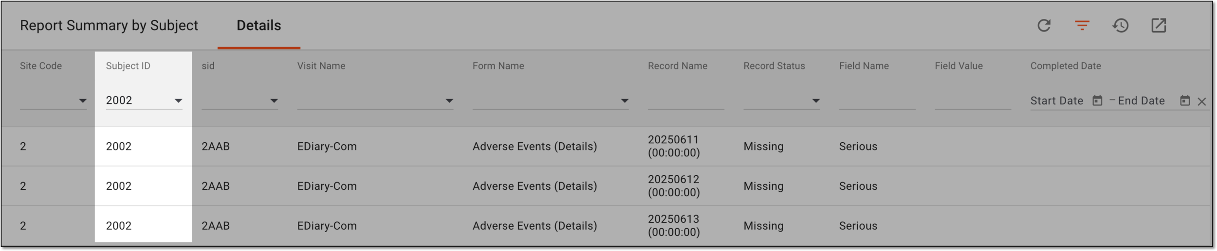 Filtering detailed noncompliance report by subject