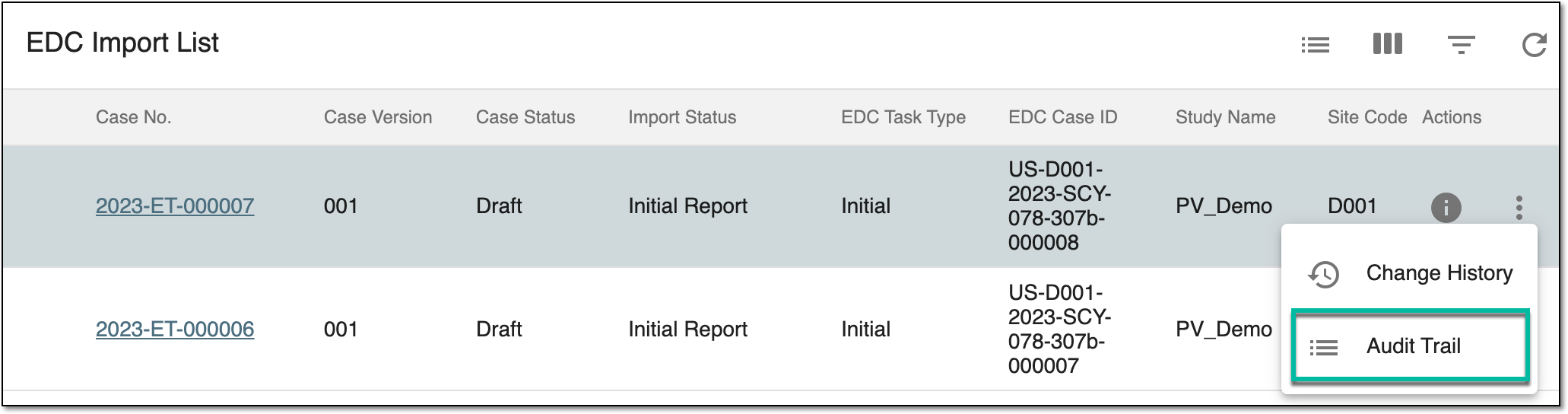 Selecting to view safety data audit trail