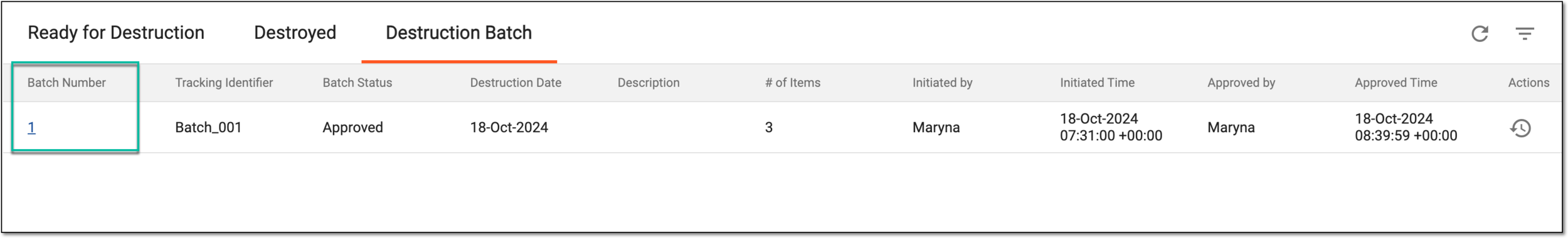 Selecting item destruction batch to revoke