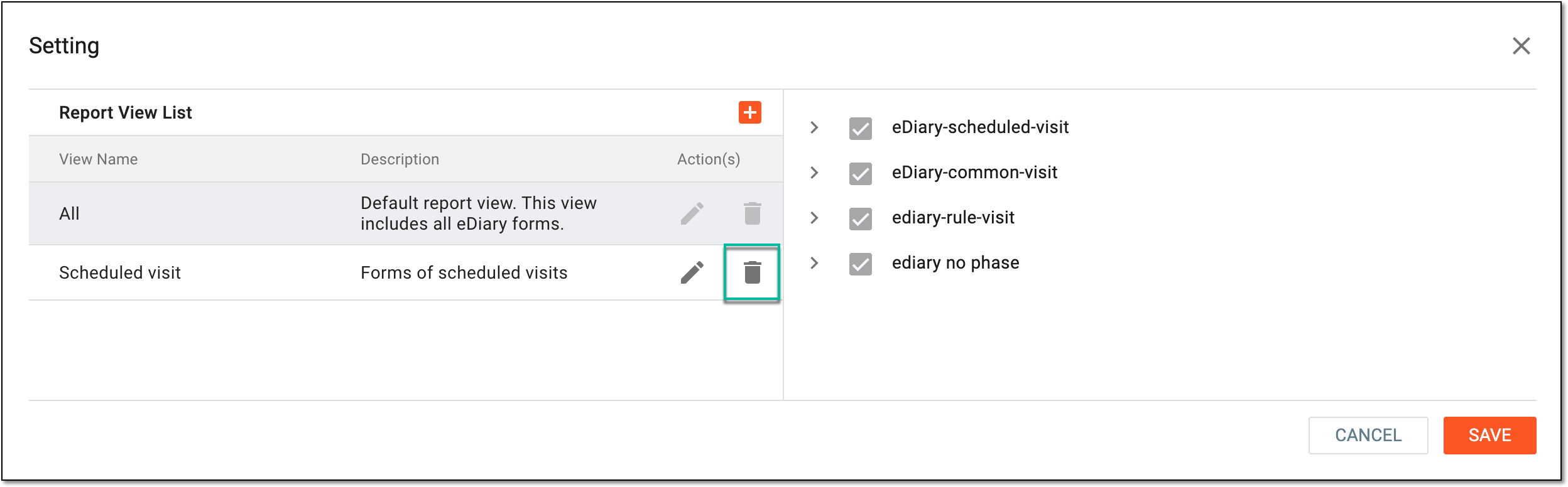 Selecting option to delete compliance report view setting