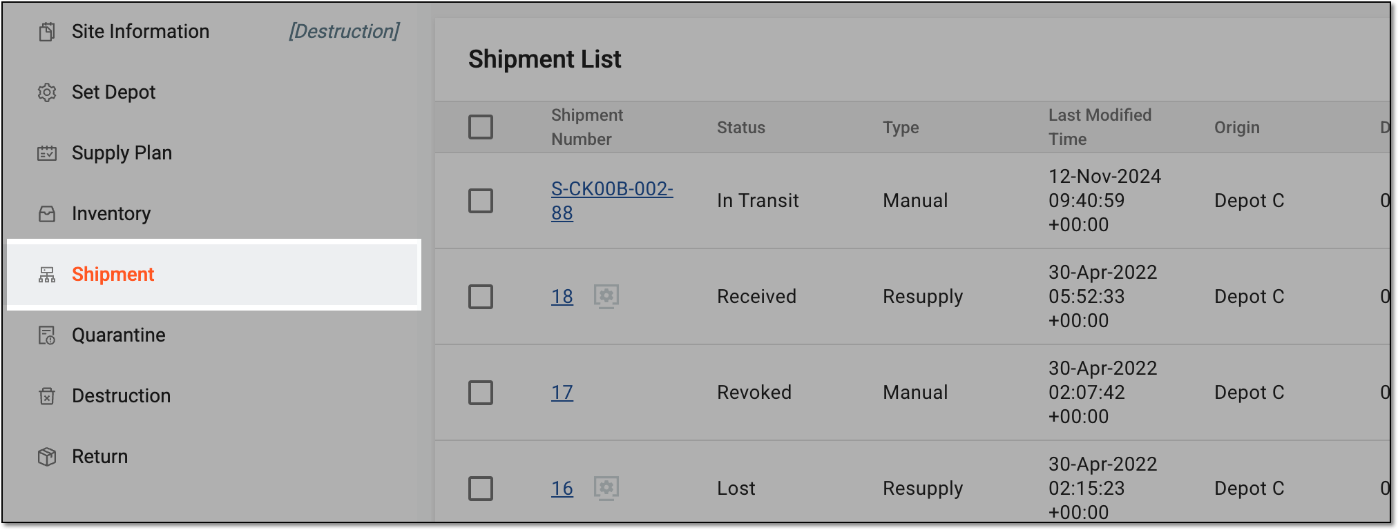 Accessing site shipments