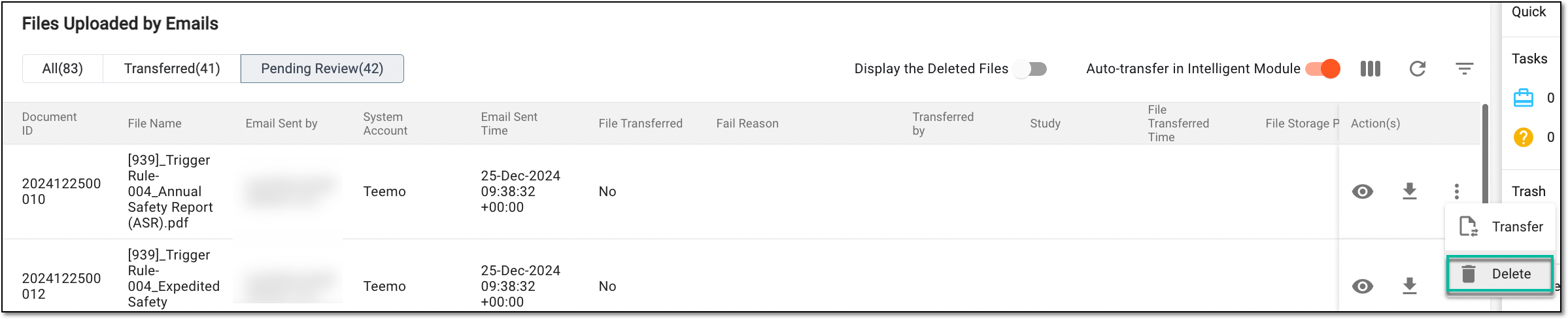 Accessing option to delete file
