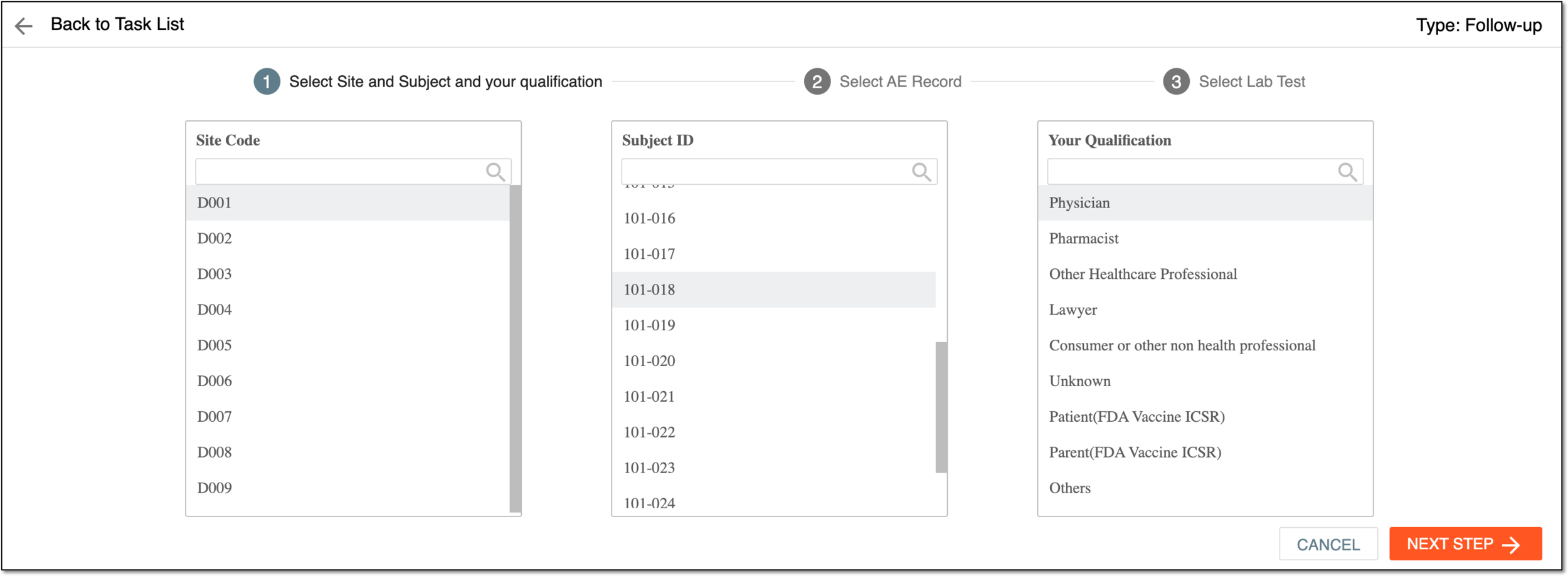 Selecting site, subject, and qualification