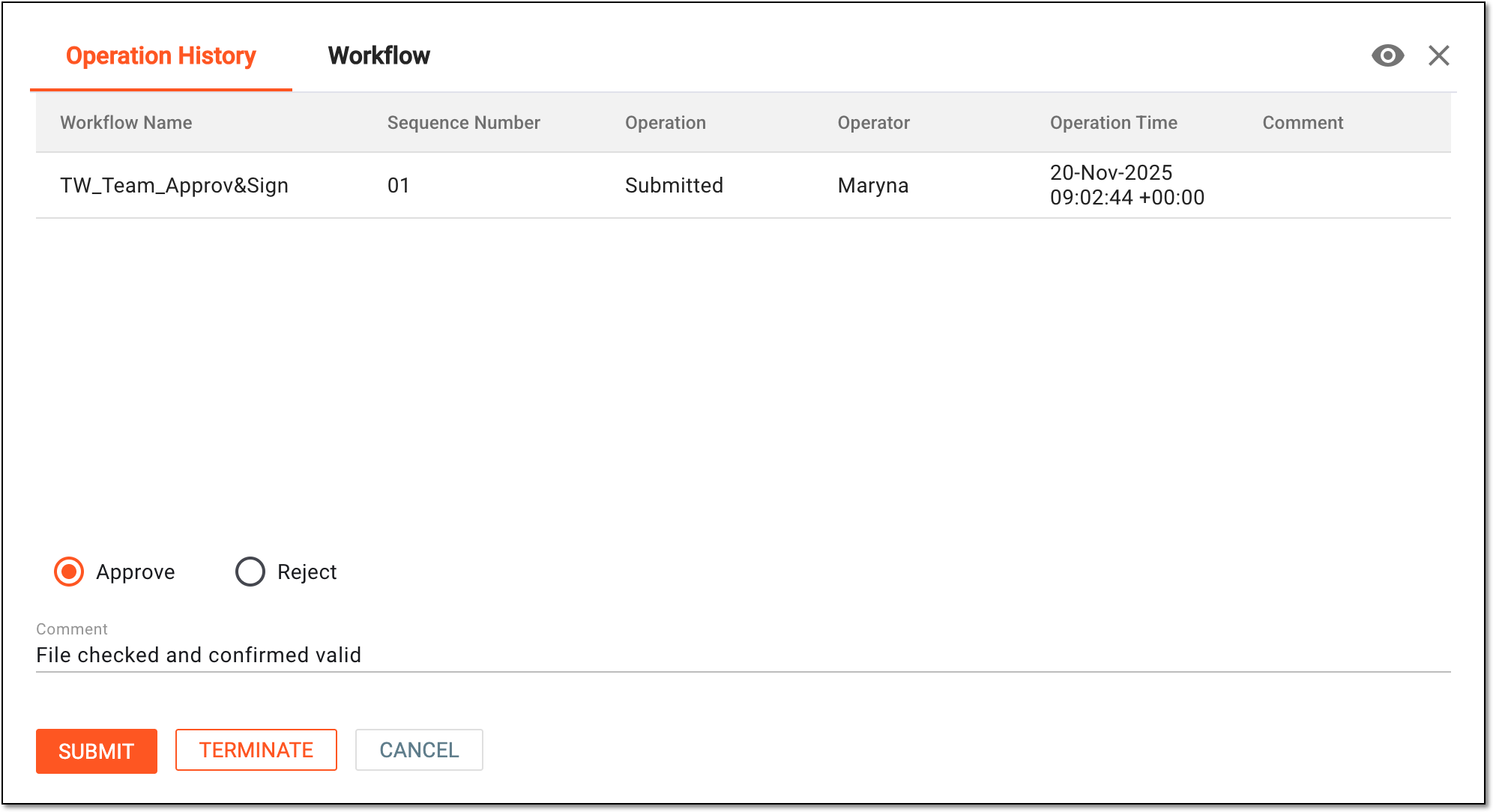 Approving file in document warehouse