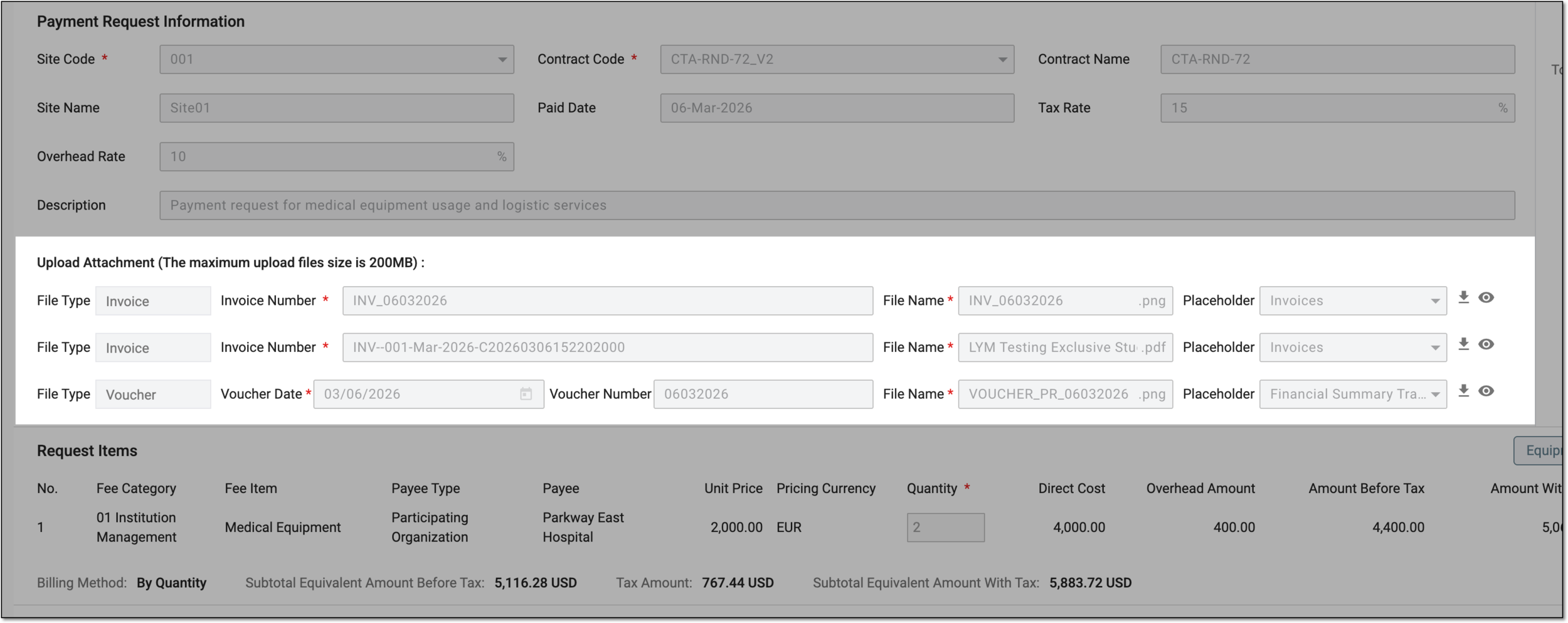 Files attached to payment request