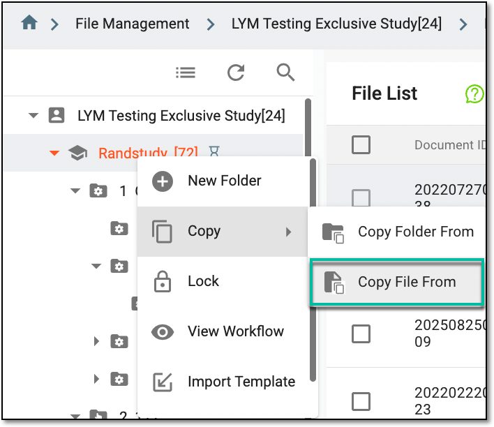 Accessing option to copy file at study level