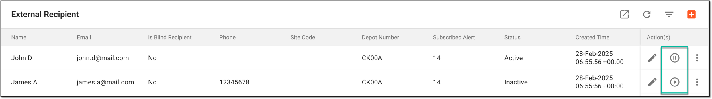 Activating or inactivating external recipient account