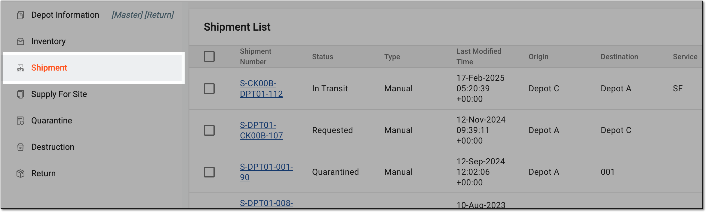 Accessing depot shipment list