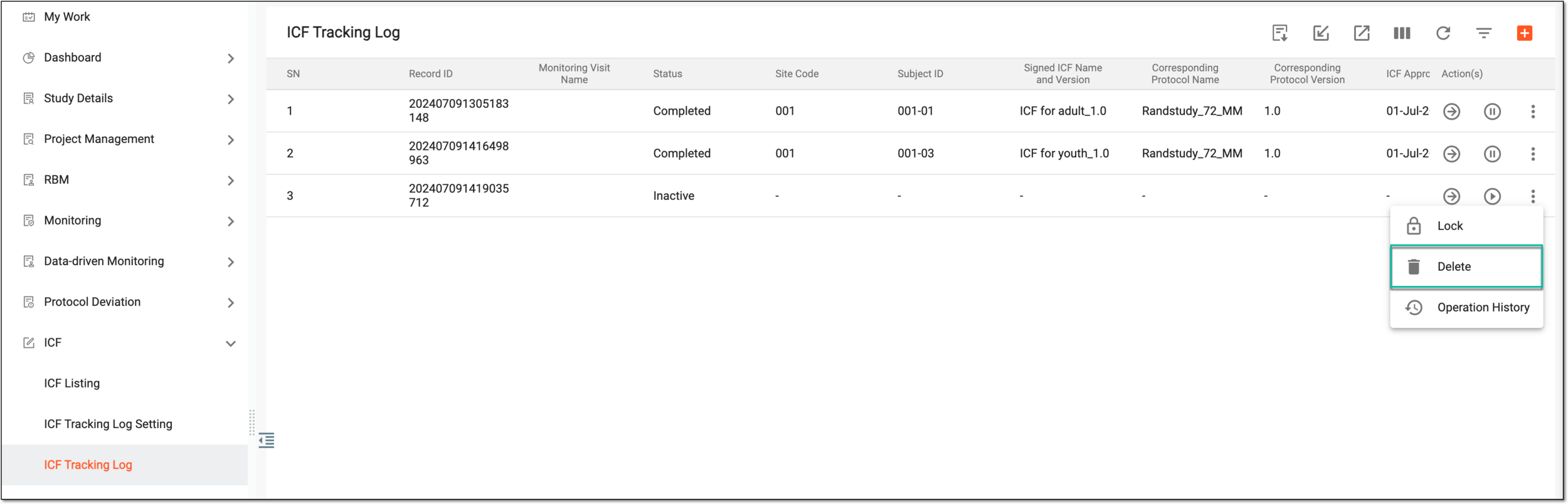 Deleting ICF tracking record