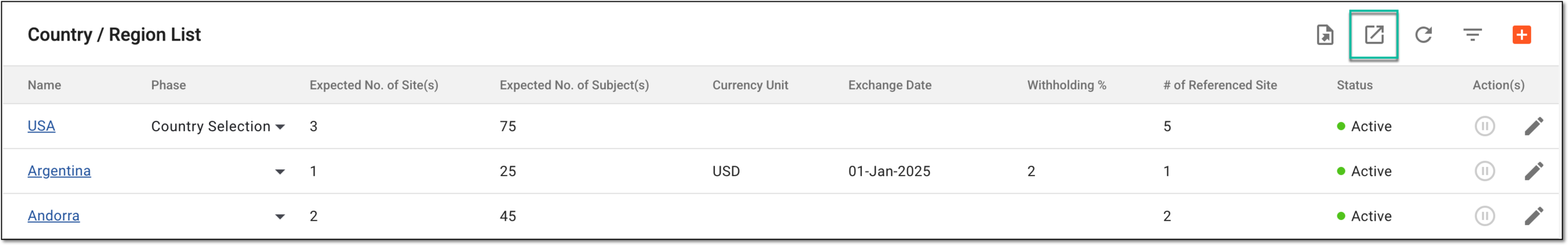 Accessing option to export study countries