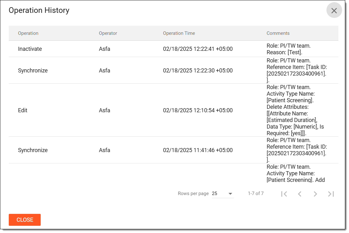 Viewing operation history of activity type