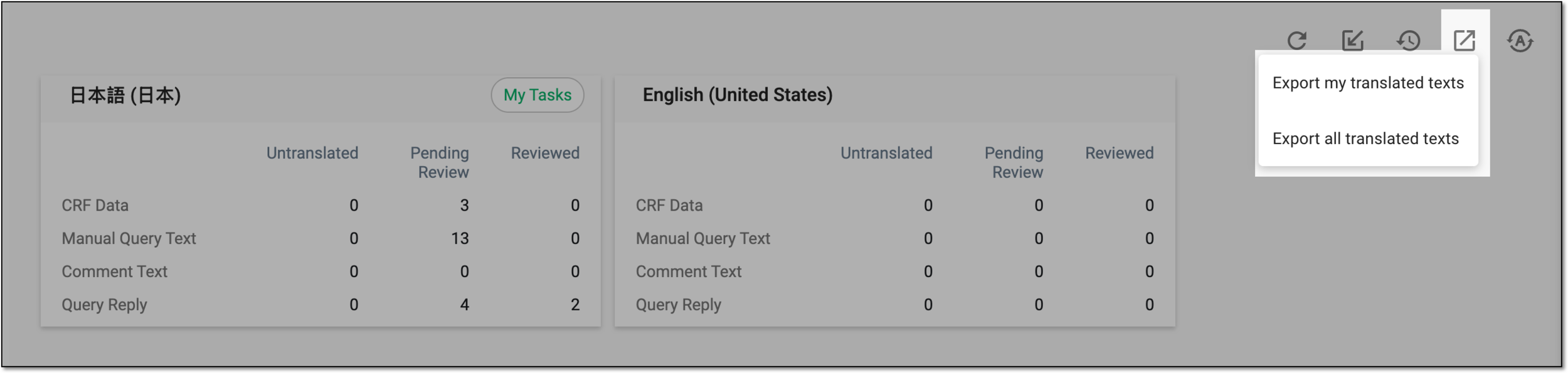 Selecting option to export translation texts