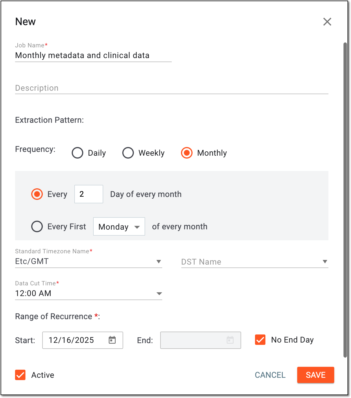 Configuring metadata and clinical data extraction job