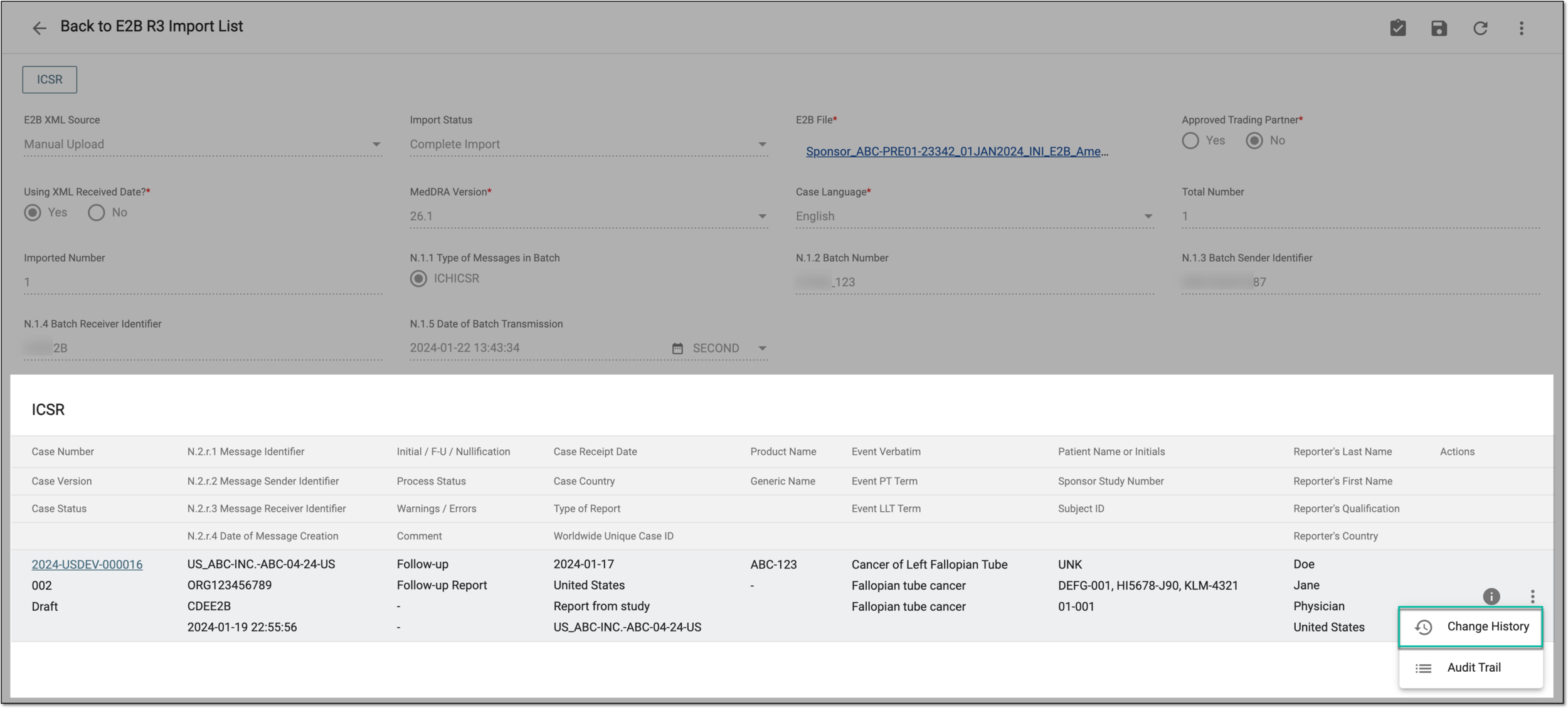 Selecting to view ICSR change history