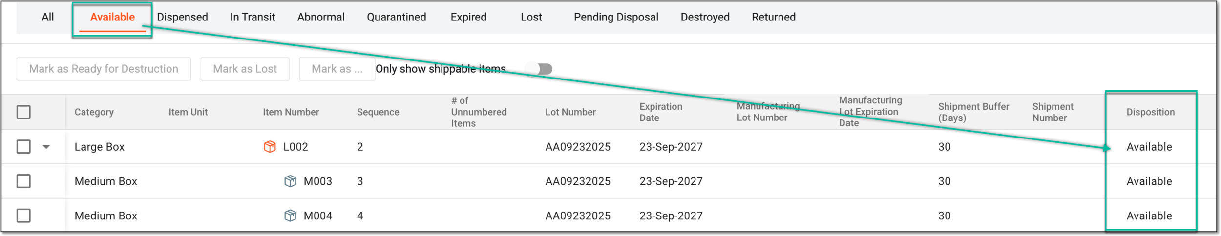 Filtering inventory by item disposition