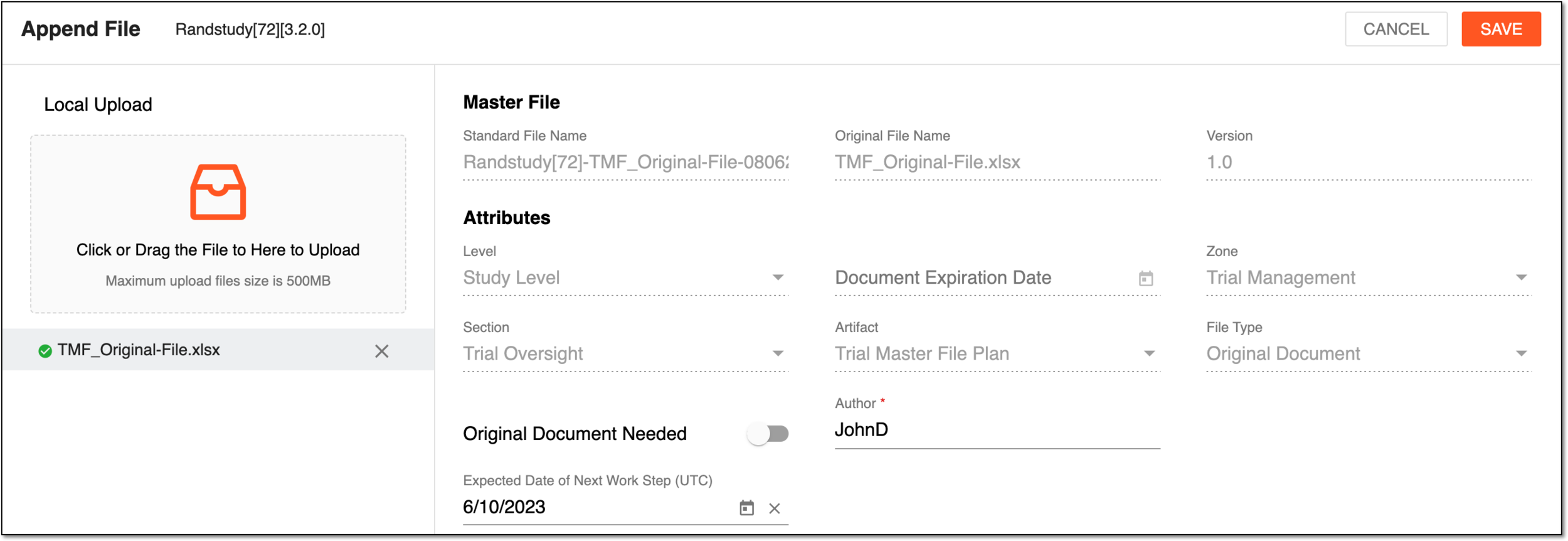 Appending file via local upload