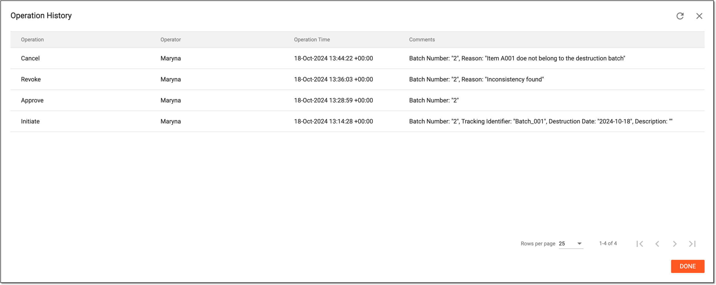 Reviewing destruction batch operation history