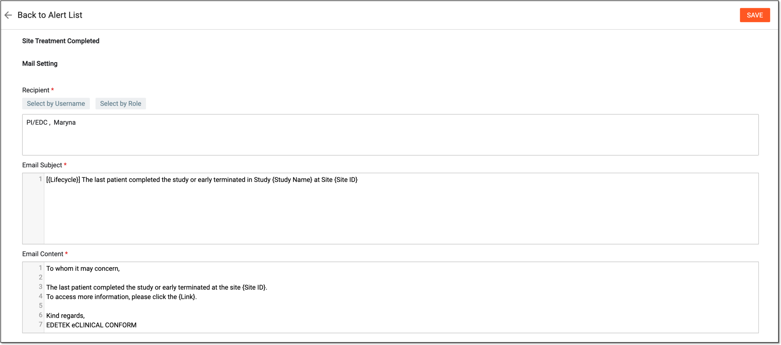 Configuring site treatment completion alert