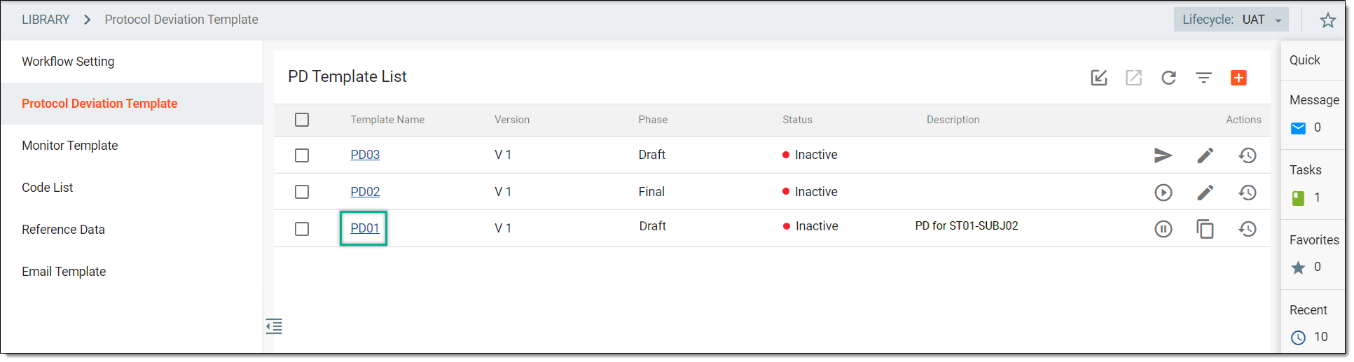 Selecting protocol deviation template